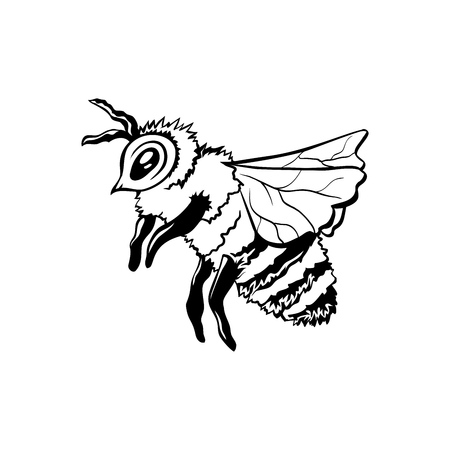 Honey Bee, Outline Logo Design. Isolated Vector. Black Engraved Element. Vintage Style Illustration of Flying Waspのイラスト素材