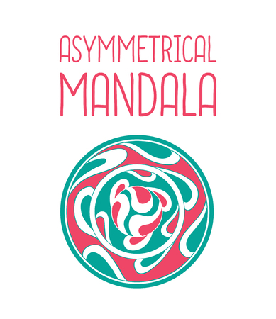 Asymmetrical pink and blue mandala design with drops in a circle geometric shape. Simple logotype for yoga schoolのイラスト素材