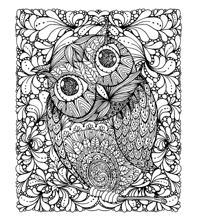 Zentangle style owl. Illustration with background and ornanets fill for adult coloring book page design, antistress ink drawingのイラスト素材