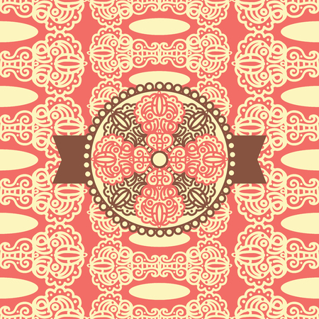 Seamless pattern with damask ornament and label. Can be used for fabric textile designのイラスト素材