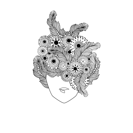 Concept line art with stylized ladies hair with feathers and technology elements, gear-wheels. Woman fashion face. Can be used for barbershop logo design or adult anti stress coloring pageのイラスト素材