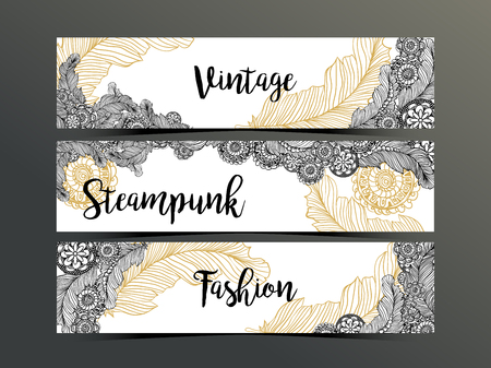 Hand drawn steampunk technology element with gear-wheel and feathers. Artistic design for flyer, banner, websites, headers or printing. Dark backgroundのイラスト素材