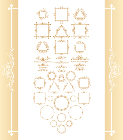 Vintage syle calligraphic set of borders, underscores, scrolling elements, ornate headpiece, page decor, dividers, book design and christmas style decorative frames with ornaments. Square, circle, triangle shapes.のイラスト素材