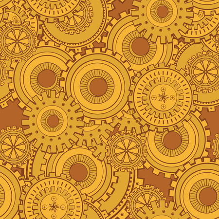 Golden iron gearwheels technology backdrop. Vintage wallpaper with mechanism. Steampunk styleのイラスト素材