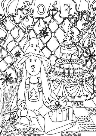 Adult coloring book page. Mono color black ink illustration, vector art. Xmas or Merry Christmas vertical postcard rabbit in new year interior. Vector illustrationのイラスト素材