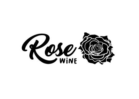 Rose Wine flower hand drawn vector illustration. Floral ink pen clipart. Black and white realistic rosebud outline drawing. Rose wine sketch with lettering. Logo, emblem, label isolated design elementのイラスト素材