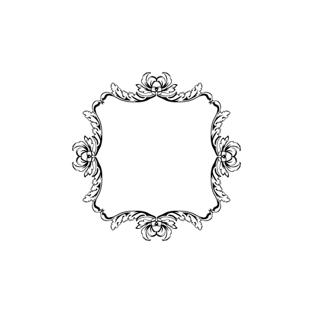 Floral vintage decorative vector frame. Flower black ink Square filigree border with text space. Isolated calligraphic frame with copyspace. Invitation, greeting card, poster flourish design elementのイラスト素材