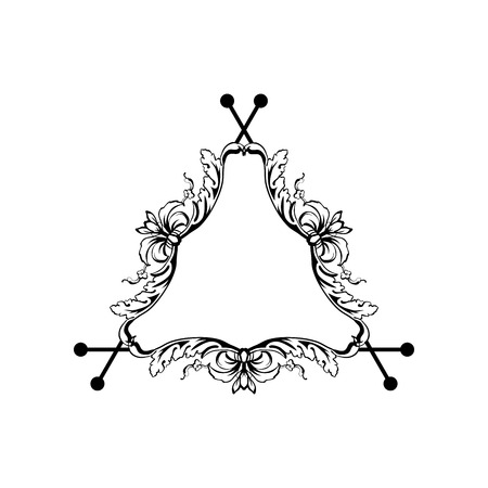 Floral filigree decorative triangle frame. Black ink vintage borders with text space. Isolated ornate text dividers with floral decorations. Invitation, greeting card, poster flourish design elementのイラスト素材