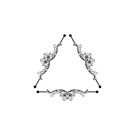 Floral filigree decorative triangle frame. Black ink vintage borders with text space. Isolated ornate text dividers with floral decorations. Invitation, greeting card, poster flourish design elementのイラスト素材