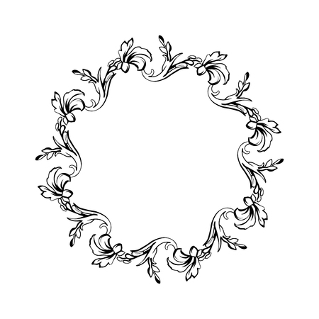 Floral vintage decorative vector frame. Flower black ink Circle filigree border with text space. Isolated calligraphic frame with copyspace. Invitation, greeting card, poster flourish design elementのイラスト素材