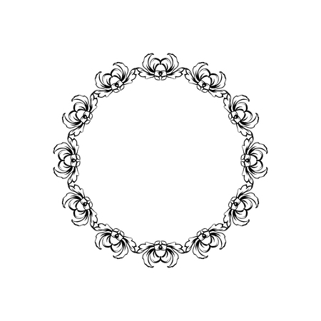 Floral vintage decorative vector frame. Flower black ink Circle filigree border with text space. Isolated calligraphic frame with copyspace. Invitation, greeting card, poster flourish design elementのイラスト素材