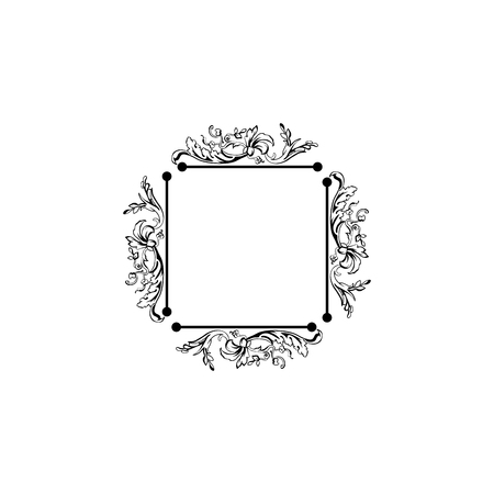 Floral vintage decorative vector frame. Flower black ink Square filigree border with text space. Isolated calligraphic frame with copyspace. Invitation, greeting card, poster flourish design elementのイラスト素材