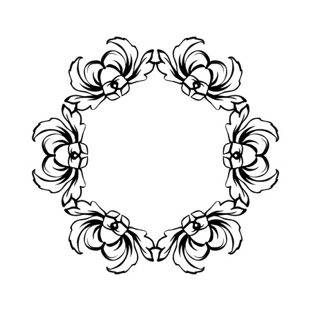 Floral vintage decorative vector frame. Flower black ink Circle filigree border with text space. Isolated calligraphic frame with copyspace. Invitation, greeting card, poster flourish design elementのイラスト素材