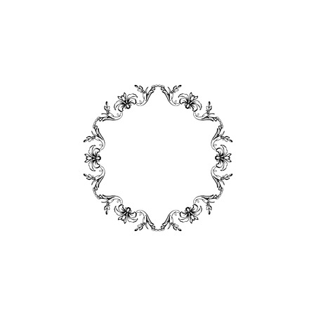 Floral vintage decorative vector frame. Flower black ink Circle filigree border with text space. Isolated calligraphic frame with copyspace. Invitation, greeting card, poster flourish design elementのイラスト素材