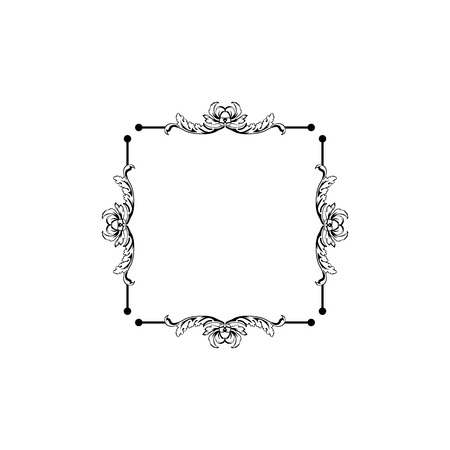 Floral vintage decorative vector frame. Flower black ink Square filigree border with text space. Isolated calligraphic frame with copyspace. Invitation, greeting card, poster flourish design elementのイラスト素材