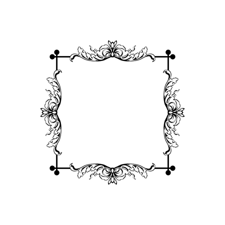 Floral vintage decorative vector frame. Flower black ink Square filigree border with text space. Isolated calligraphic frame with copyspace. Invitation, greeting card, poster flourish design elementのイラスト素材