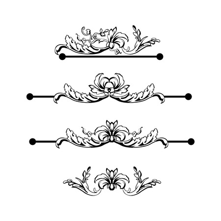 Flourish vector text dividers Set. Floral vintage calligraphic embellishment. Isolated black ornate design element. Decorative scrollwork clipart. Invitation, greeting card, poster filigree decorationのイラスト素材