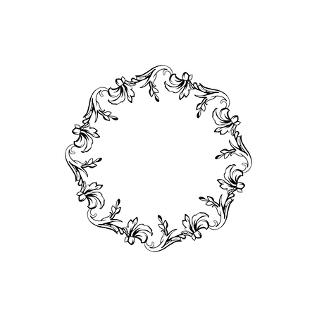 Floral vintage decorative vector frame. Flower black ink Circle filigree border with text space. Isolated calligraphic frame with copyspace. Invitation, greeting card, poster flourish design elementのイラスト素材