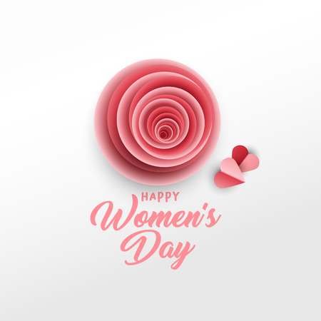 Happy Women s Day greeting card vector template. Rose bud, red hearts paper cut composition. Illustration with handwritten lettering, origami. International women s day paper art poster designのイラスト素材