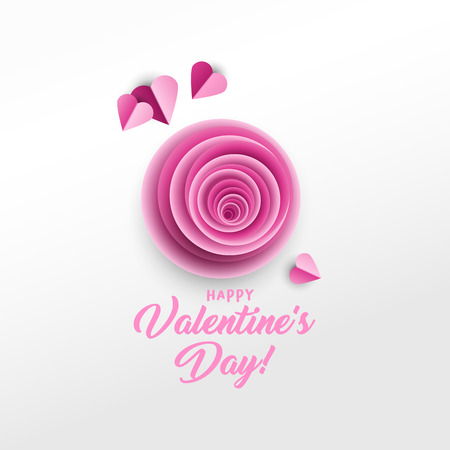 Happy Valentine's Day greeting card vector template. Pink bud, hearts paper cut composition. Illustration with handwritten lettering. Isolated origami design element. Banner, poster, postcardのイラスト素材