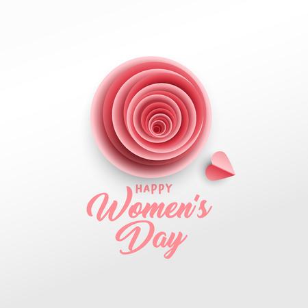 Happy Women's Day greeting card vector template. Rose bud, red hearts paper cut composition. Illustration with handwritten lettering, origami. International women's day paper art poster designのイラスト素材