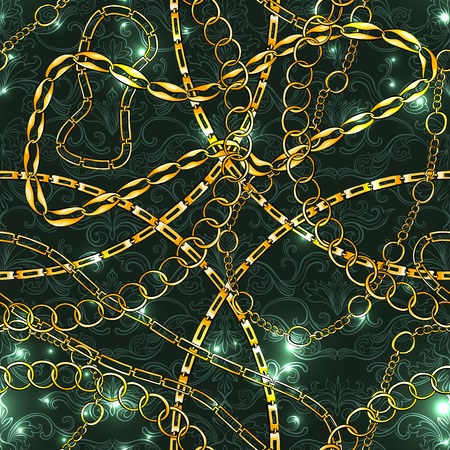 Golden Chains Vintage Jewelry Seamless Vector Pattern. Gold Accessory Backdrop for fashion Art Design. Decorative Trendy Bandanna Scarf ith Lights and Glowing.のイラスト素材