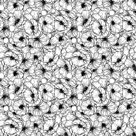 Black and White Poppy flower seamless pattern. Papavers composition. Anemones background. Covers, textile and greeting cards floral design. Hand drawn poppy flowers illustrations. Monochrome vectorのイラスト素材