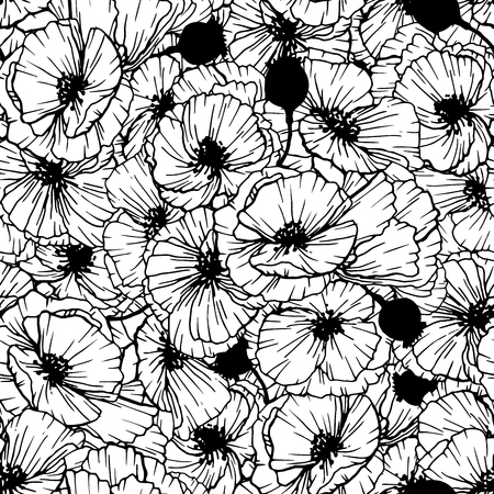Black and White Poppy flower seamless pattern. Papavers composition. Anemones background. Covers, textile and greeting cards floral design. Hand drawn poppy flowers illustrations. Monochrome vectorのイラスト素材