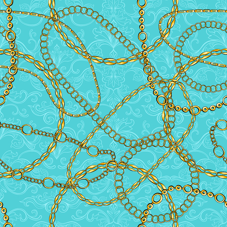Damask seamless vector pattern with chains. Abstract ornate glamour turquoise blue texture. Golden and silver jewellery rings on blue background. Wallpaper, wrapping paperのイラスト素材