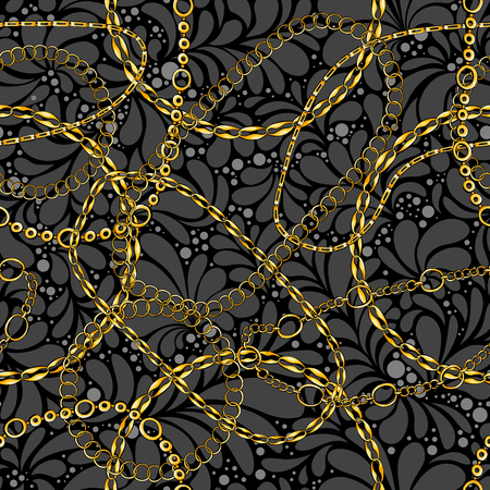 Damask seamless vector pattern with chains. Abstract ornate glamour texture. Golden and silver jewellery rings on dark background. Decorative bijouterie ornament. Wallpaper, wrapping paper designのイラスト素材