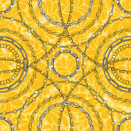 Chain rings hand drawn vector seamless pattern. Glamour ornate texture. Golden and silver chainlet on yellow background. Precious bijouterie ornament. Wallpaper, wrapping paper designのイラスト素材