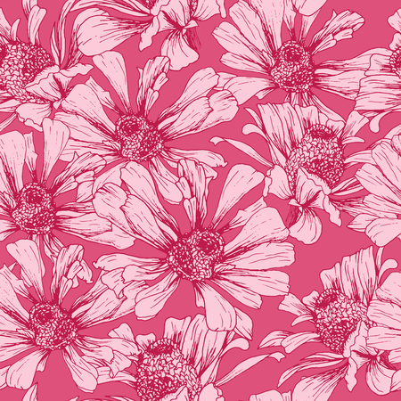 Romantic Pink Seamless Pattern for Valentines Day Holiday Wrapping Paper Design. Vector Feminine Floral Wallpaper Template with Helenium Autumnale Flowerのイラスト素材