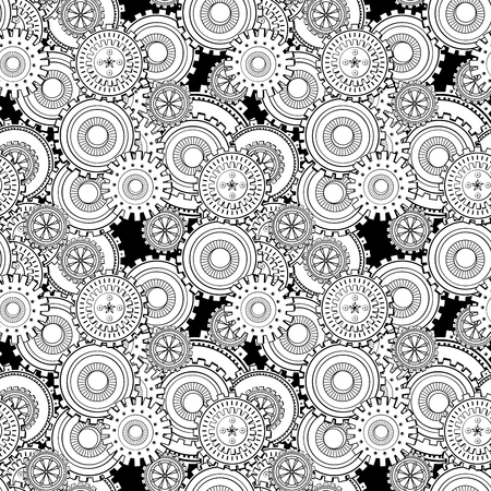 Cogwheels seamless pattern. Cogs and gears steampunk texture. Mechanism black and white ink pen drawing. Coloring book abstract illustration. Textile, wrapping paper, background monochrome vector fillのイラスト素材