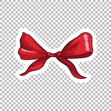 Red dotted bow hand drawn illustration. Ribbon knot contour drawing on transparent background. Bowknot isolated watercolor doodle clipart. Bow-tie cartoon sticker. Greeting card flat design elementのイラスト素材