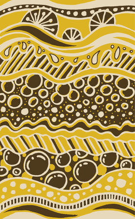 Color abstract hand drawn texture. Retro background with wavy lines, drops, bubbles and circles. Tribal, ethnic poster, african print. Decorative backdrop in yellow, khaki colors. Vector illustrationのイラスト素材