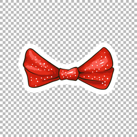 Red dotted bow hand drawn illustration. Ribbon knot contour drawing on transparent background. Bowknot isolated watercolor doodle clipart. Bow-tie cartoon sticker. Greeting card flat design elementのイラスト素材