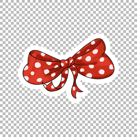 Red dotted bow hand drawn illustration. Ribbon knot contour drawing on transparent background. Bowknot isolated watercolor doodle clipart. Bow-tie cartoon sticker. Greeting card flat design elementのイラスト素材