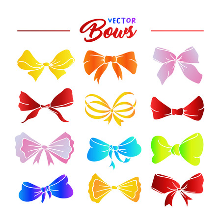Bows hand drawn illustrations set. Rainbow ribbon multicolor gradient knots. Festive bowknots cartoon cliparts. Bow-tie sketches collection. Greeting card, party invitation isolated design elementsのイラスト素材