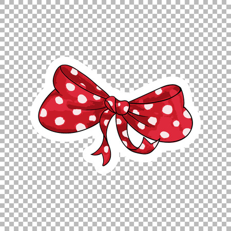 Red dotted bow hand drawn illustration. Ribbon knot contour drawing on transparent background. Bowknot isolated watercolor doodle clipart. Bow-tie cartoon sticker. Greeting card flat design elementのイラスト素材