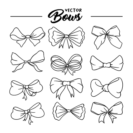 Bows handdrawn illustrations set. Ribbon knots linear drawings. Ink pen bowknots contour cliparts. Bow-tie sketches outline collection. Coloring book, greeting card thin line isolated design elementsのイラスト素材