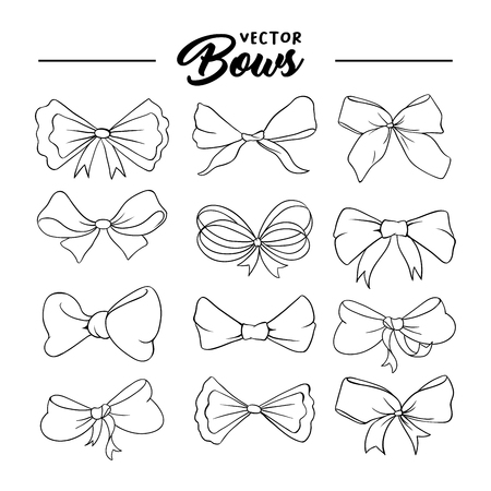 Bows handdrawn illustrations set. Ribbon knots linear drawings. Ink pen bowknots contour cliparts. Bow-tie sketches outline collection. Coloring book, greeting card thin line isolated design elementsのイラスト素材