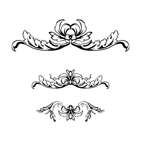 Flourish vector text dividers Set. Floral vintage calligraphic embellishment. Isolated black ornate design element. Decorative scrollwork clipart. Invitation, greeting card, poster filigree decorationのイラスト素材