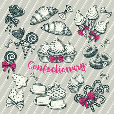 Confectionery hand drawn illustrations set. Ink sketch desserts cliparts and lettering. Doodle cakes, lollipops, croissants. Cafe, pastry shop, bakery menu, banner, poster engraving design elementsのイラスト素材