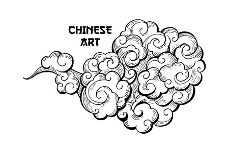 Clouds hand drawn vector illustration. Overcloud ink pen sketch. Smoke black and white abstract clipart. Chinese art drawing with lettering. Wind blowing. Isolated postcard monochrome design elementのイラスト素材