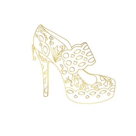 Lady hogh heels or woman T-strap, girl shoes. Golden female boot with doodle style pattern, women clothing ornamental accessory. Glamor and shopping art, hand drawn boutique theme for coloring bookのイラスト素材