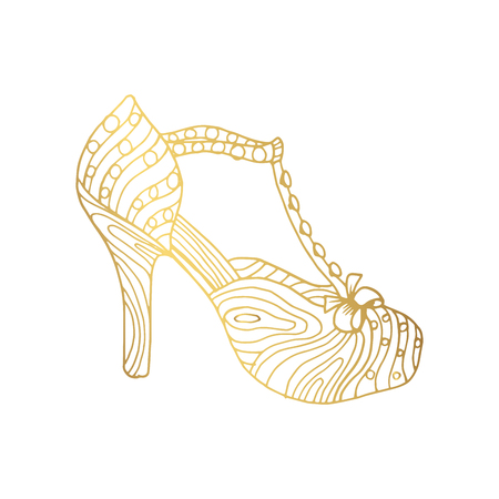 Lady hogh heels or woman T-strap, girl shoes. Golden female boot with doodle style pattern, women clothing ornamental accessory. Glamor and shopping art, hand drawn boutique theme for coloring bookのイラスト素材
