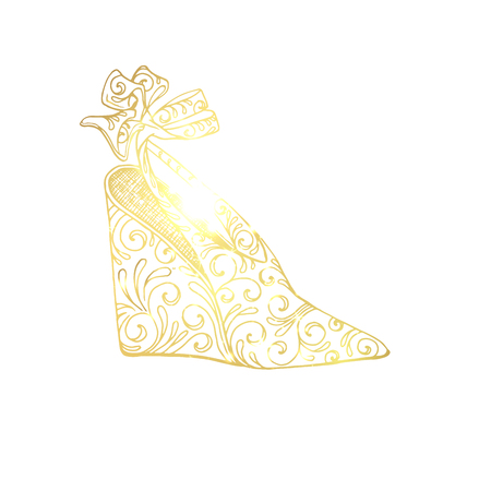 Lady hogh heels or woman T-strap, girl shoes. Golden female boot with doodle style pattern, women clothing ornamental accessory. Glamor and shopping art, hand drawn boutique theme for coloring bookのイラスト素材