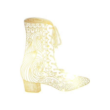 Lady hogh heels or woman T-strap, girl shoes. Golden female boot with doodle style pattern, women clothing ornamental accessory. Glamor and shopping art, hand drawn boutique theme for coloring bookのイラスト素材