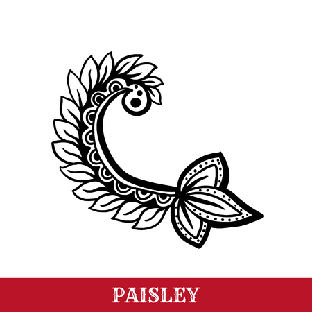 Paisley motif hand drawn isolated vector tattoo illustration. Buta ink pen isolated clipart. Persian ornate sketch. Monochrome boteh curl. Greeting card, textile ornamental design elementのイラスト素材