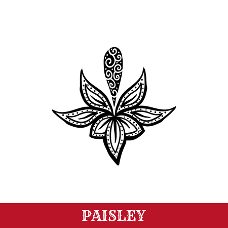 Paisley motif hand drawn isolated vector tattoo illustration. Buta ink pen isolated clipart. Persian ornate sketch. Monochrome boteh curl. Greeting card, textile ornamental design elementのイラスト素材